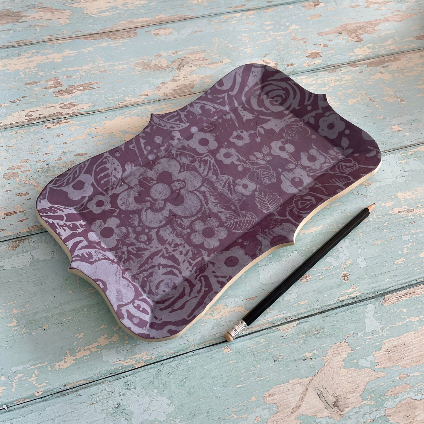 Purple Floral Platter, Shabby Chic Plate Tray