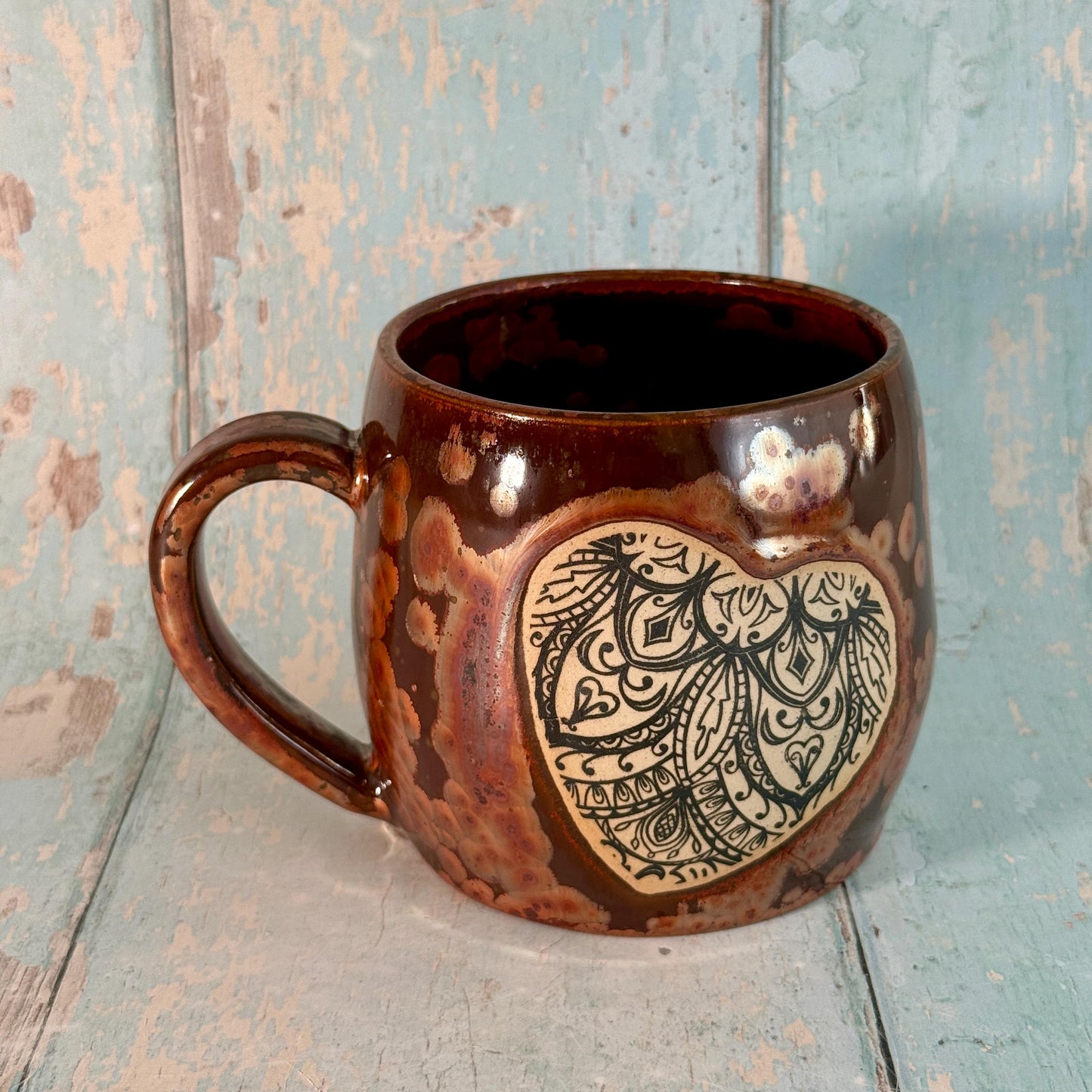 Heart Mandala Mug, Handmade Copper Ceramic Cup