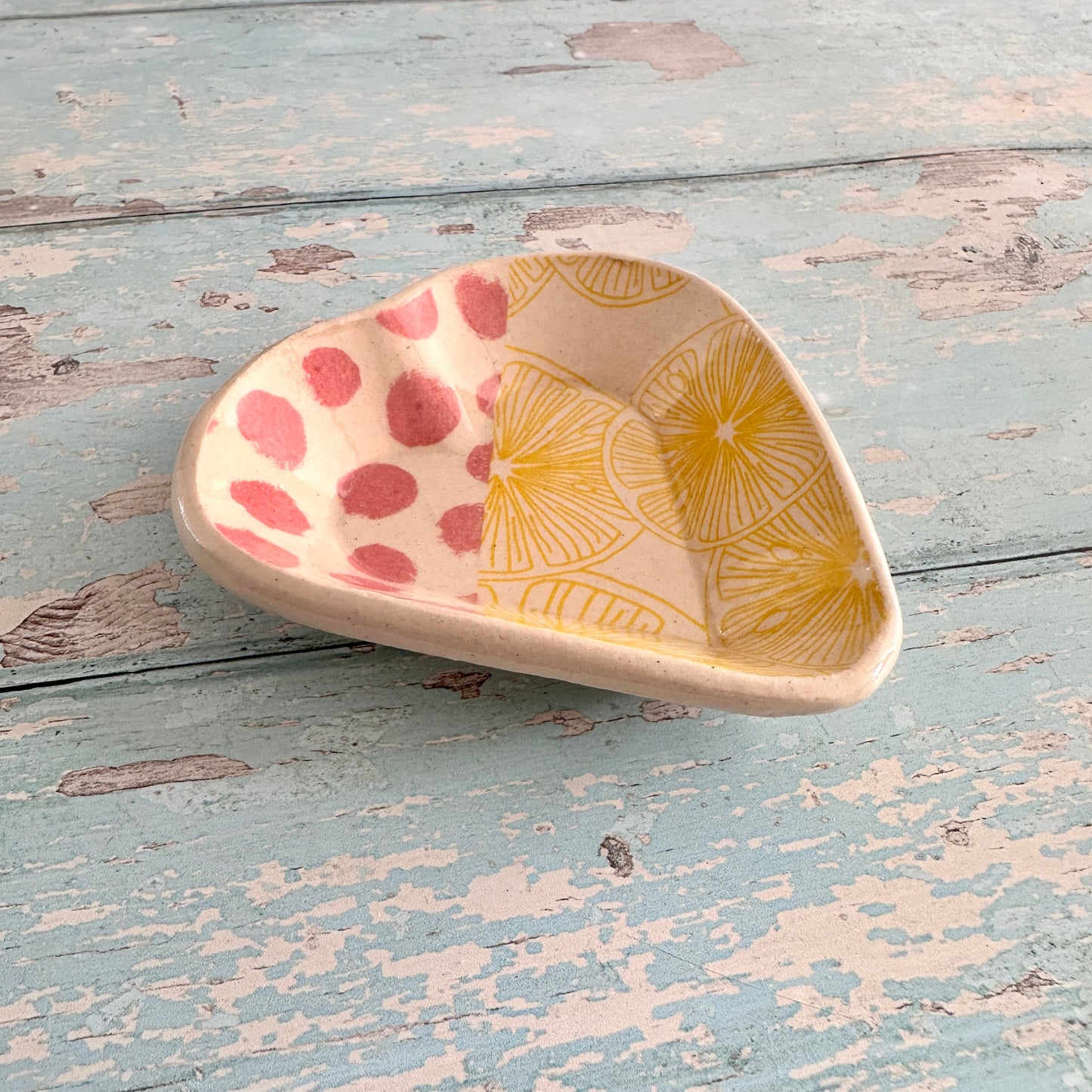 Small Pink and Yellow Heart Ring Dish, Handmade Ceramic Pot