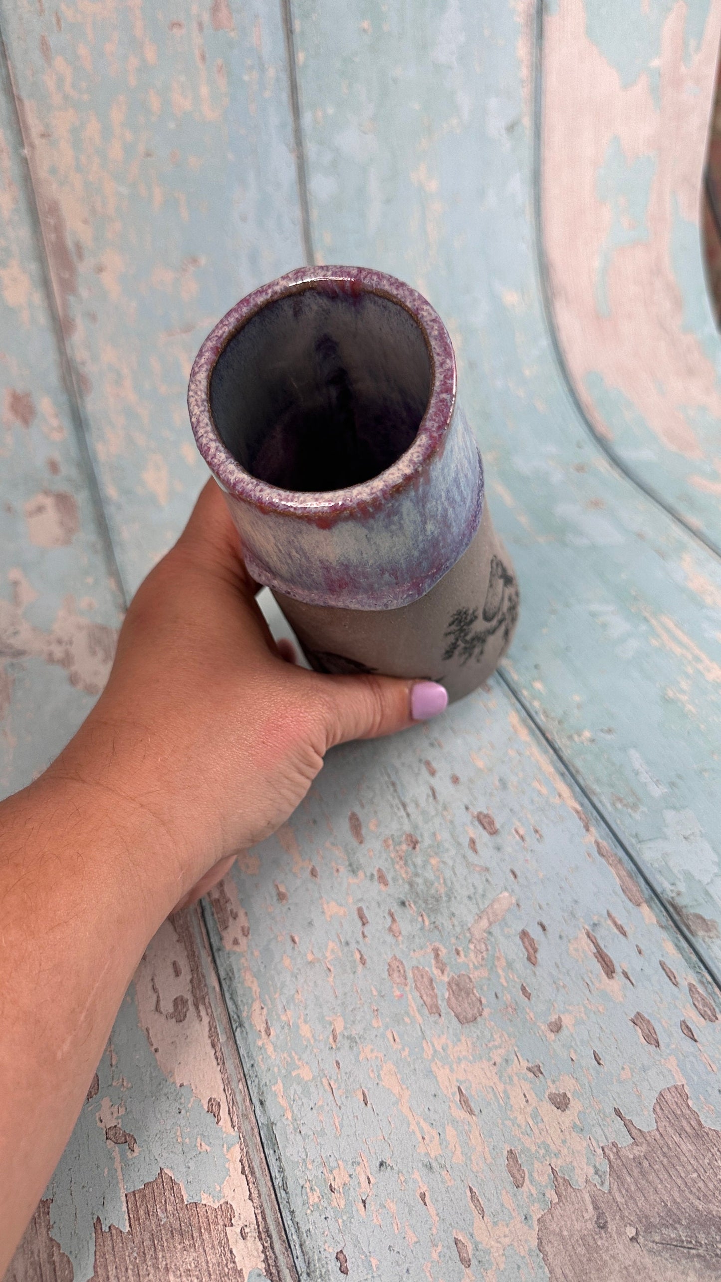 Purple Bird Floral Ceramic Vase, Handmade Modern Pottery