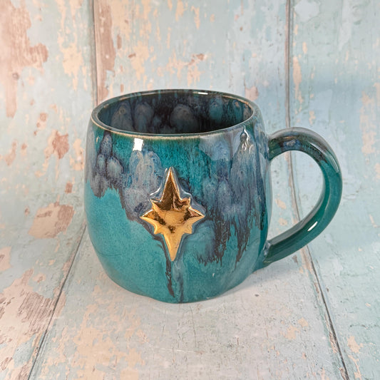 Turquoise Gold Northern Star Mug, Handmade Ceramic Mug