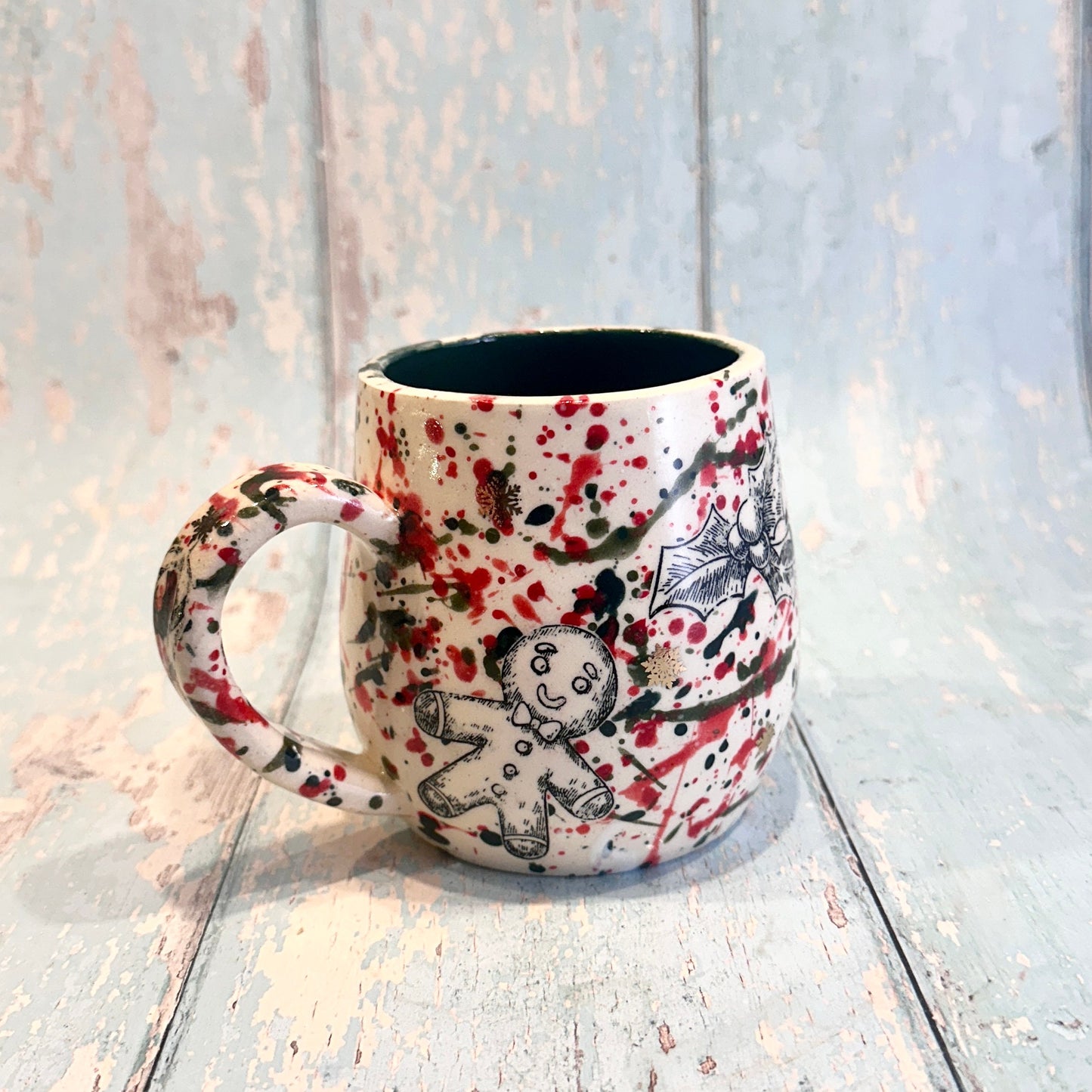 Large Christmas Mug, Handmade Ceramic Cup, Green Red Gold