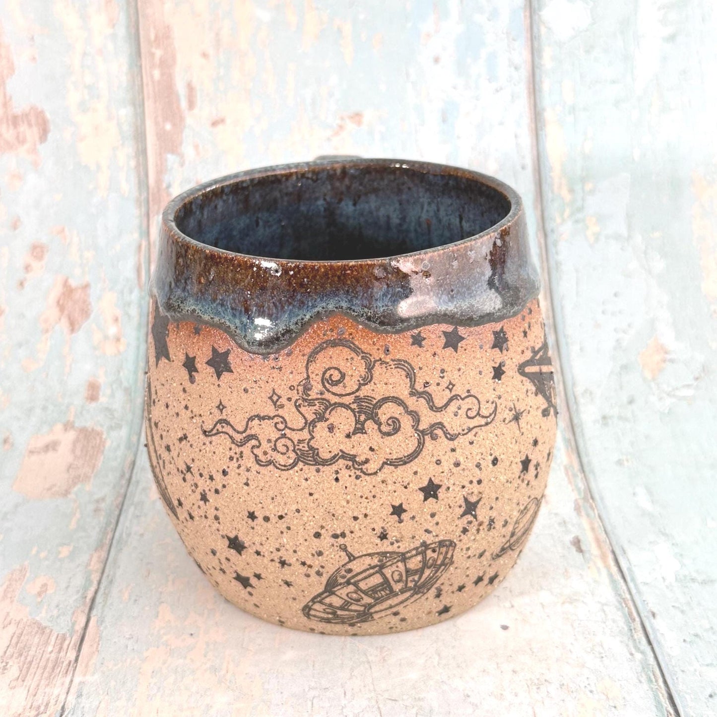 Blue Space UFO Mug, Large Ceramic Cup, UAP Alien