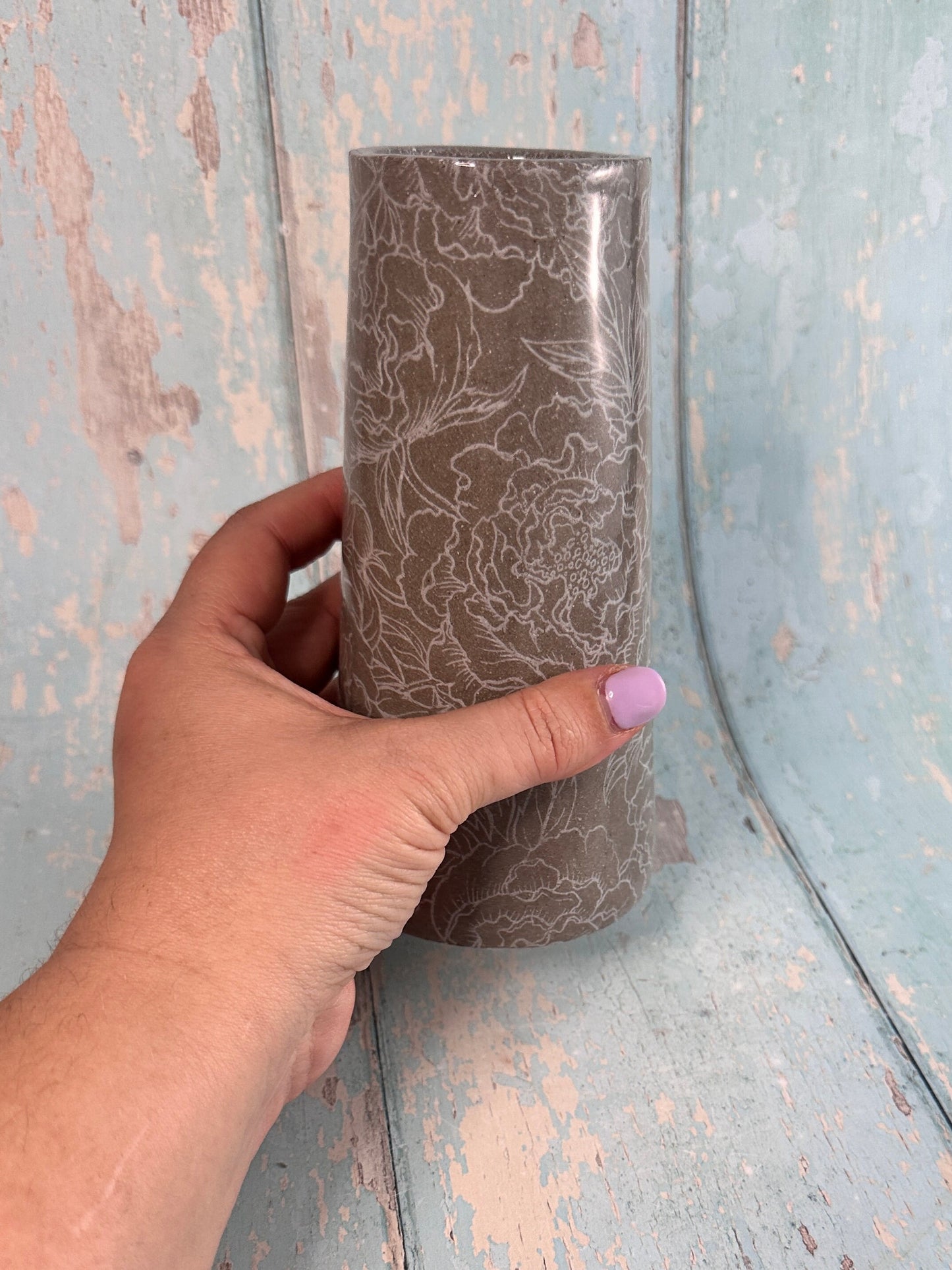 Grey Peony Ceramic Vase, Handmade Modern Pottery