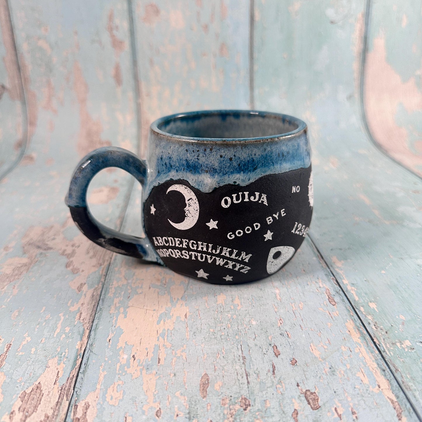 Black and Blue Ouija Mug, Handmade Ceramic Cup - Second