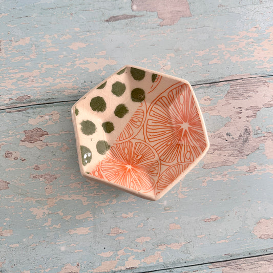 Orange and Green Jewellery Dish, Handmade Hexagon Ceramic Pot
