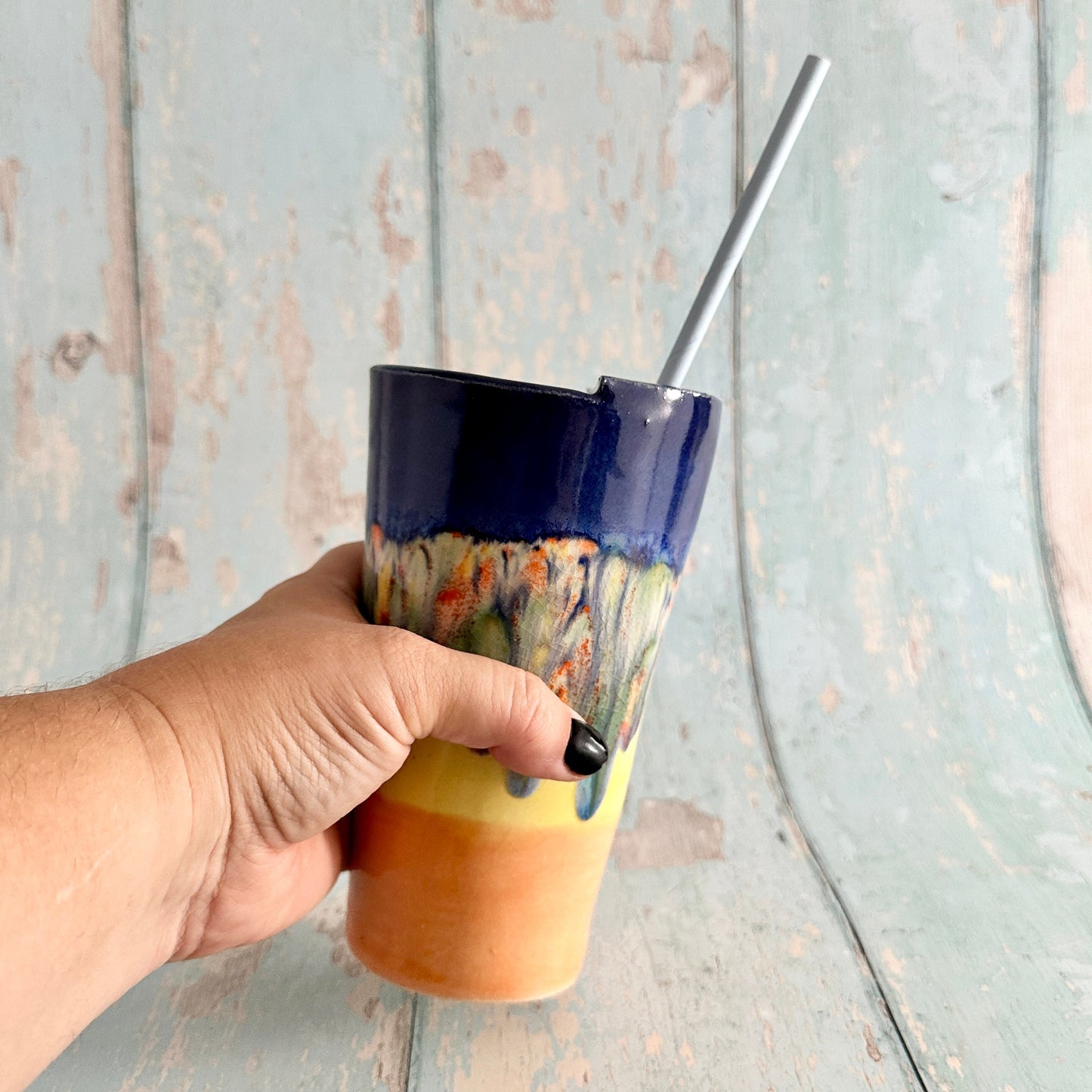 Blue, Yellow and Orange Straw-holder Tumbler, Large Ceramic Cup