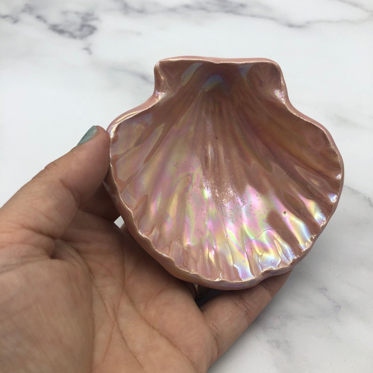 Pink Ceramic Sea Shell Jewelry Dish: Mother of Pearl Finish