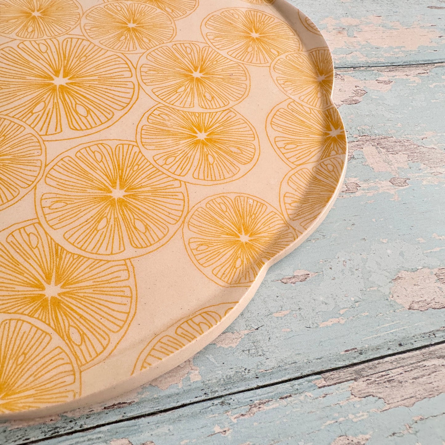 Pink Polka Dot and Yellow Lemon Platter, Large Handmade Round Ceramic Cake  Plate