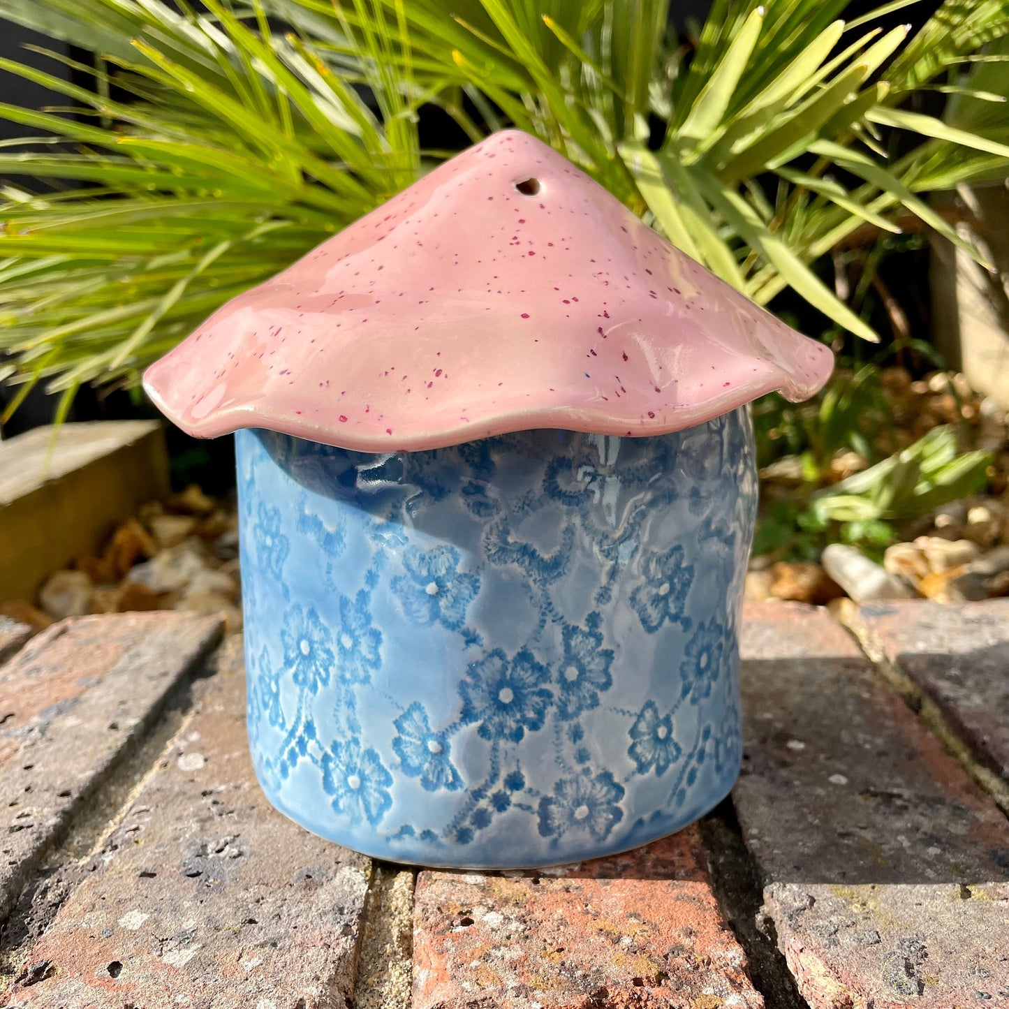 Pink and Blue Ceramic Birdhouse, Handmade Garden Decoration