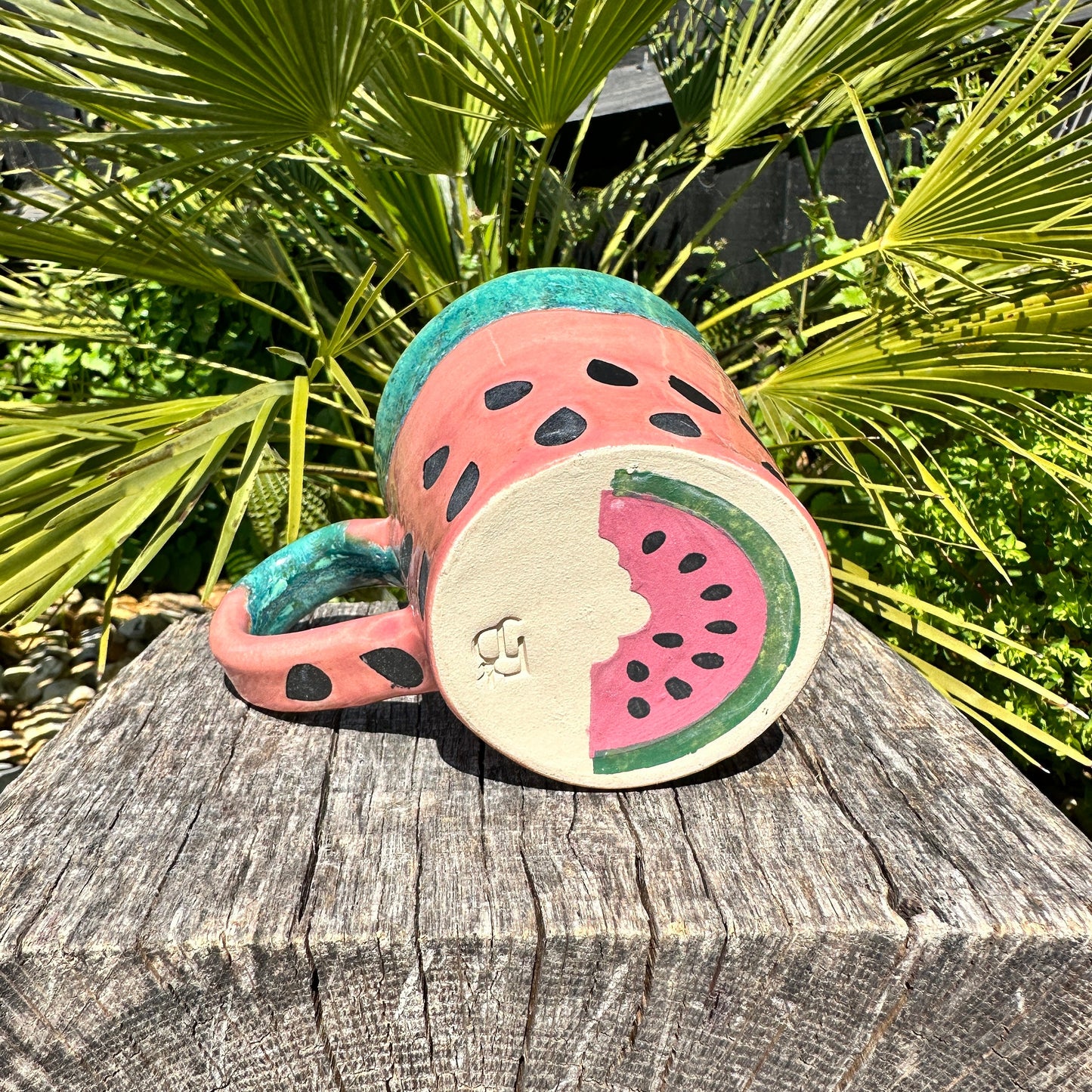 Ceramic Watermelon Mug, Large Pink and Green Cup