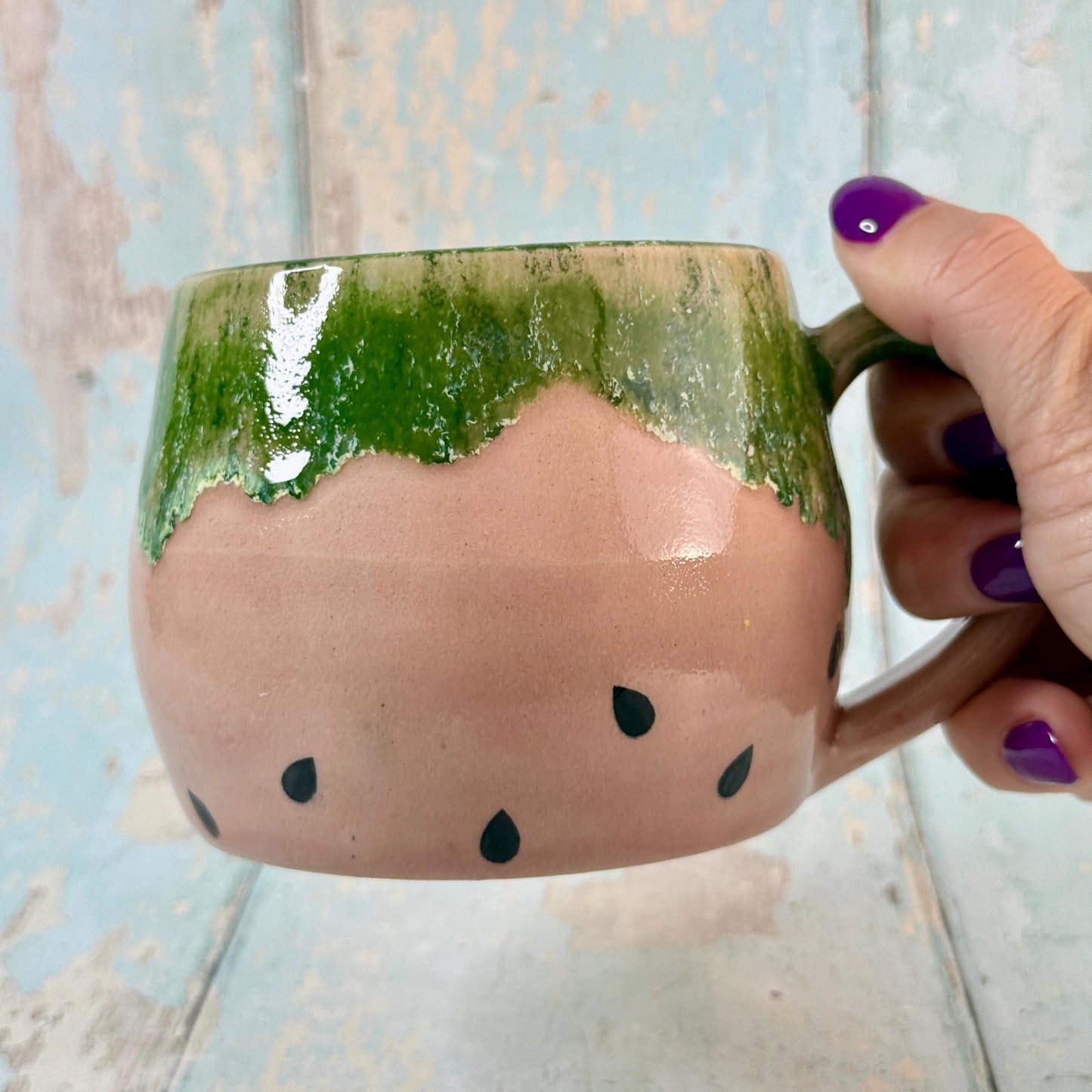 Ceramic Watermelon Mug, Large Pink and Green Cup