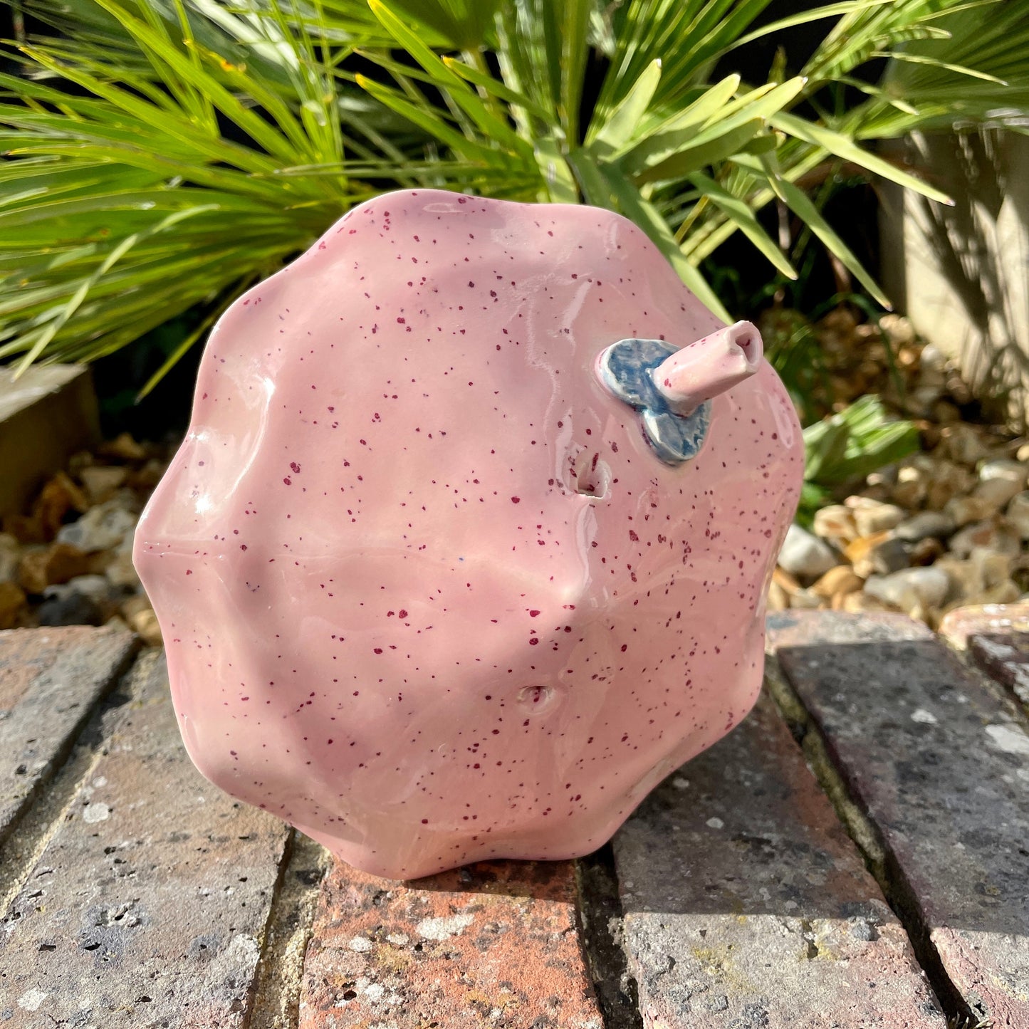 Pink and Blue Ceramic Birdhouse, Handmade Garden Decoration