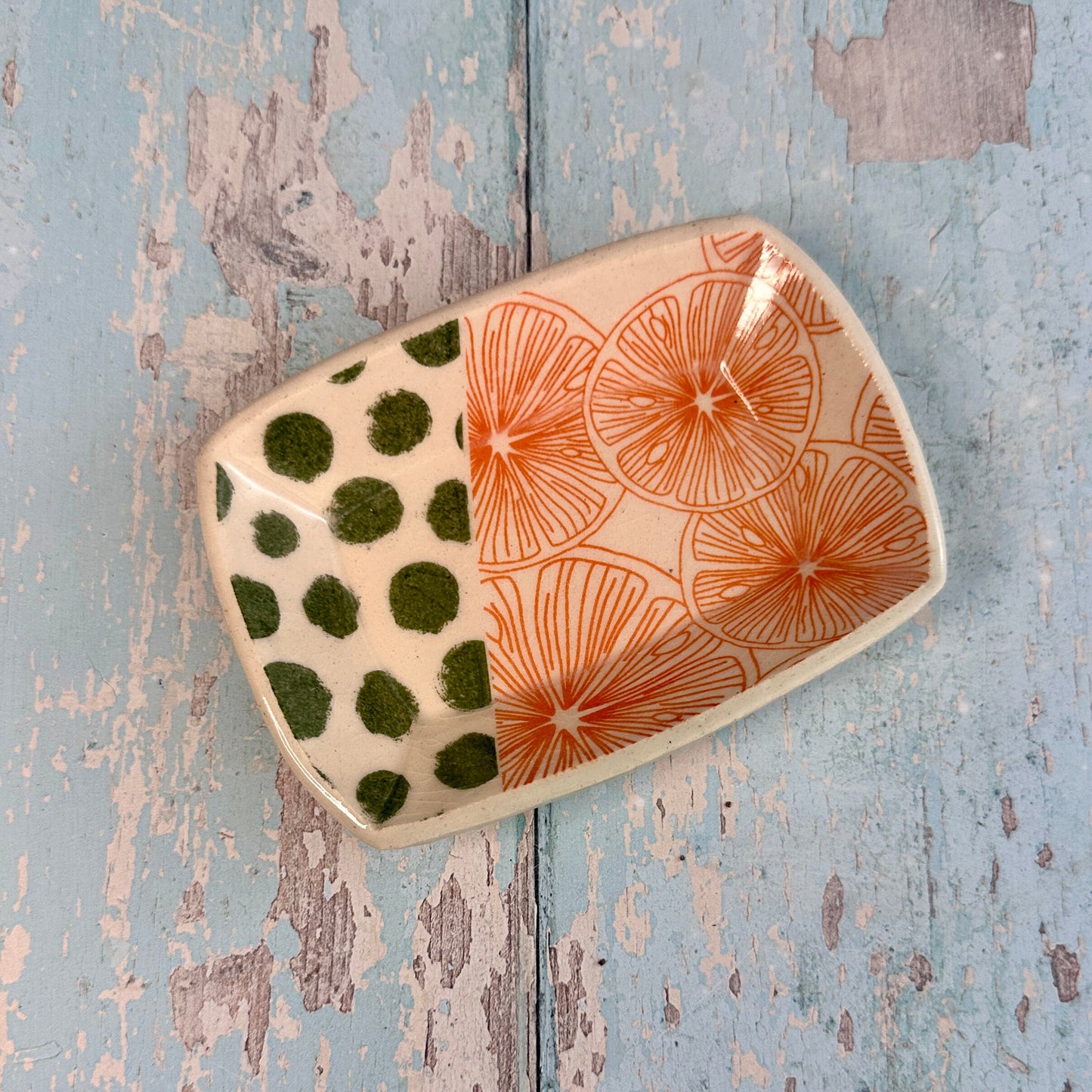 Orange and Green Jewellery Dish, Handmade Hexagon Ceramic Pot