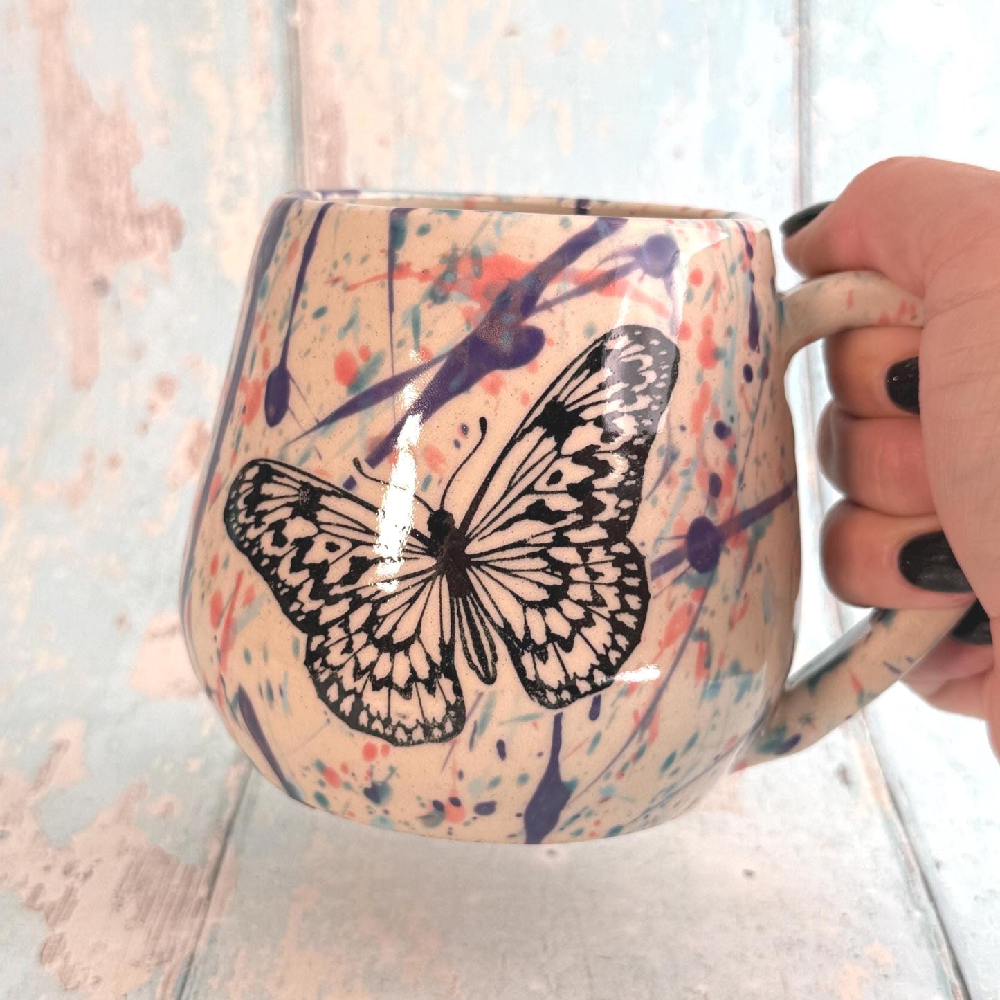 Purple & Pink Butterfly Mug, Handmade Ceramic Cup