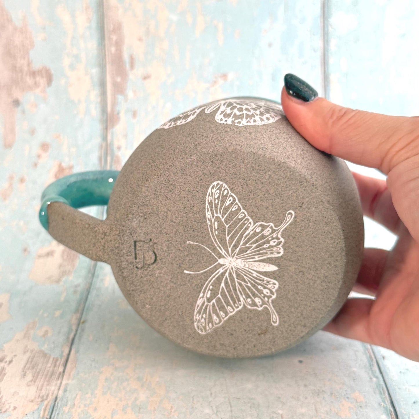 Turquoise Butterfly Mug, Large Ceramic Cup