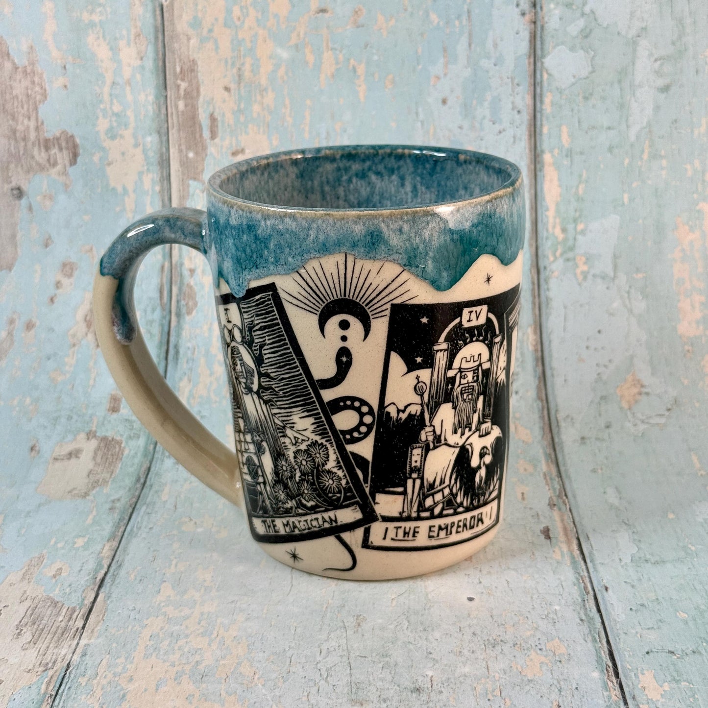 Turquoise Tarot and Snake Mug, Large Ceramic Cup