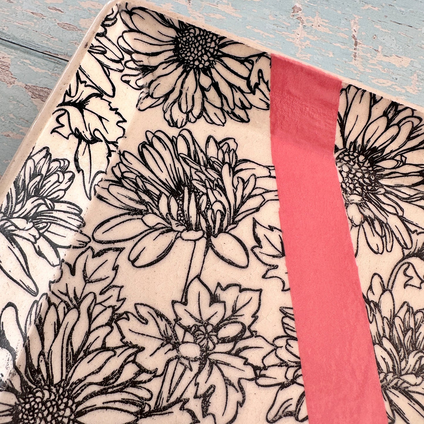 Pink Daisy Platter, Large Handmade Rectangle Ceramic Plate