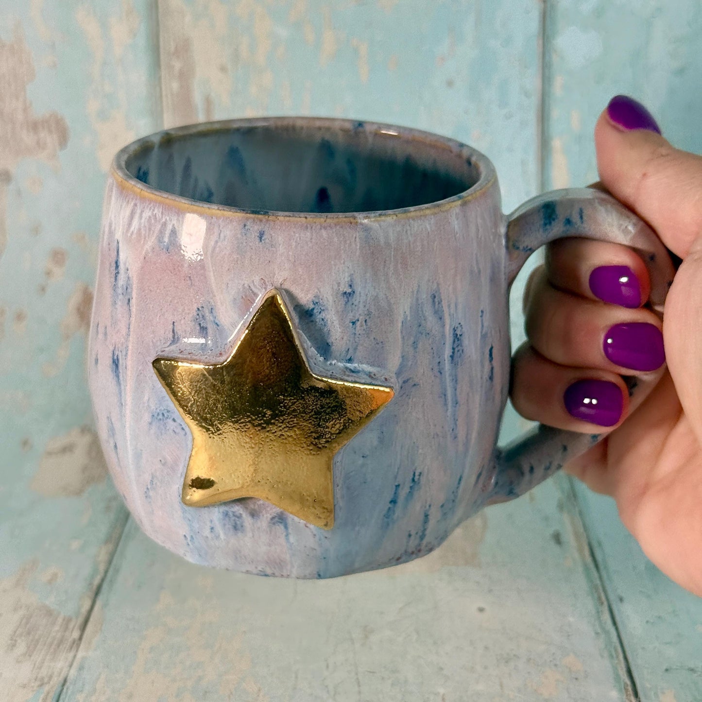 Purple Gold Star Mug, Handmade Ceramic Mug