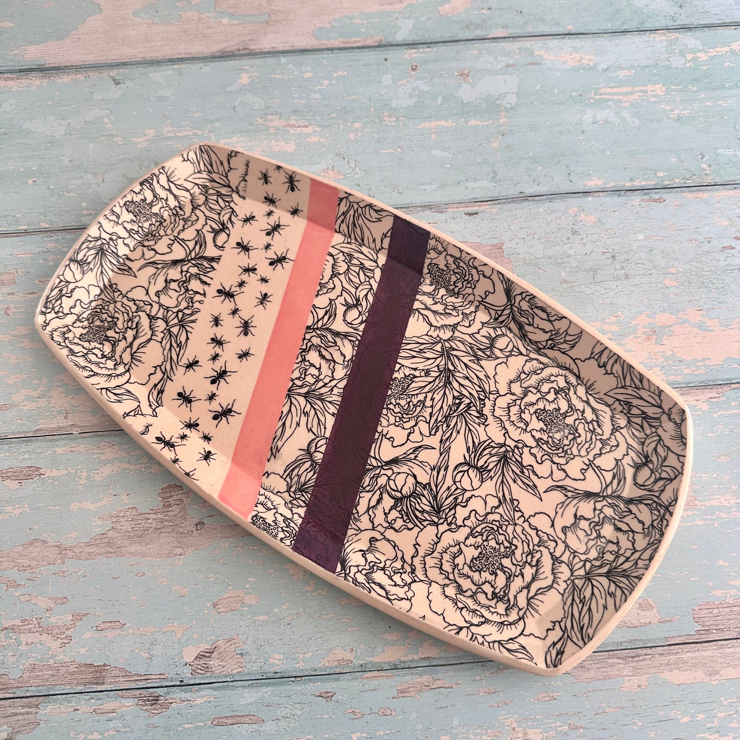 Peony and Ant Platter, Pink and Purple Large Handmade Rectangle Ceramic Plate