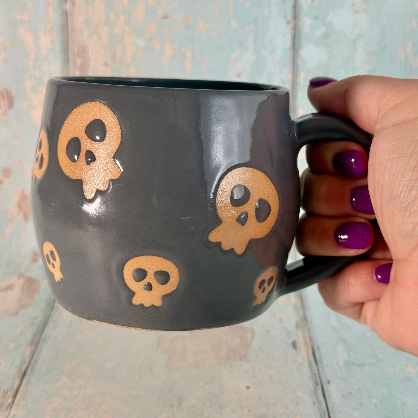 Grey Skull Mug, Handmade Ceramic Cup, Spooky Halloween Mug