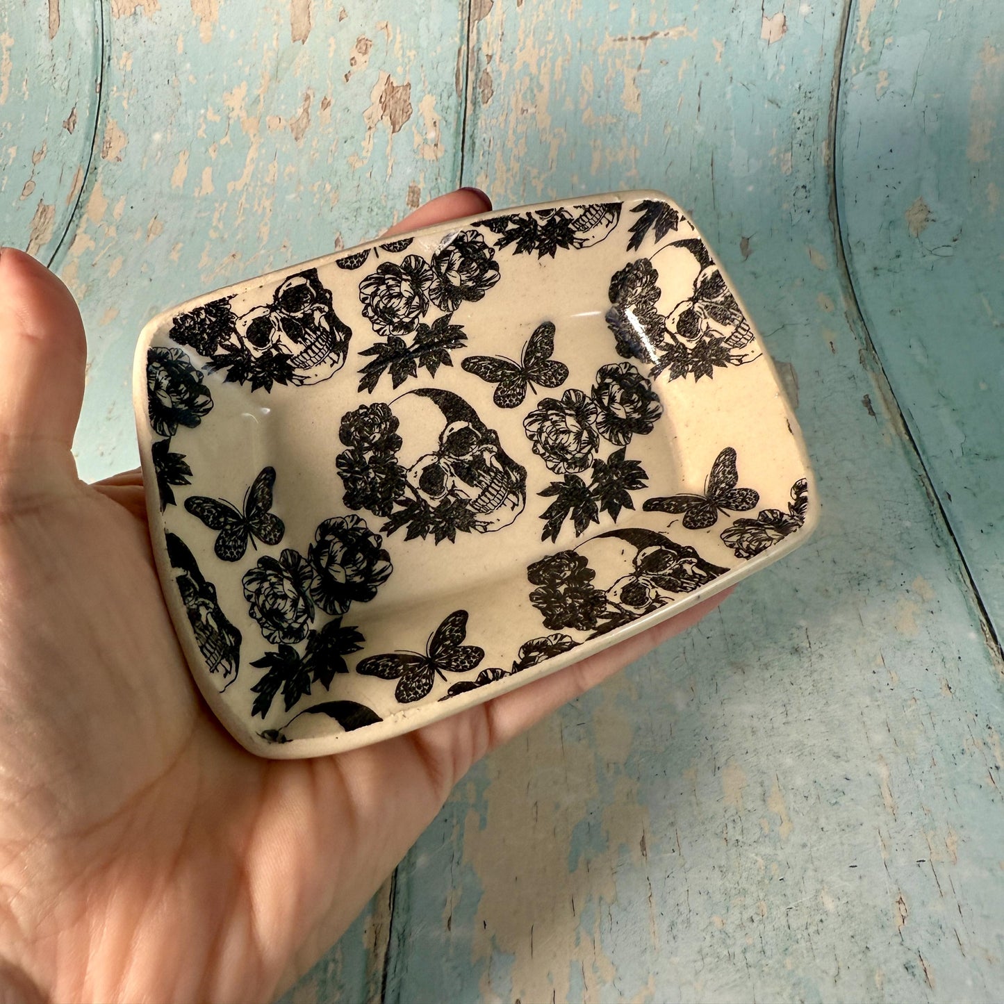 Skull Floral Jewellery Dish, Handmade Ceramic Pot