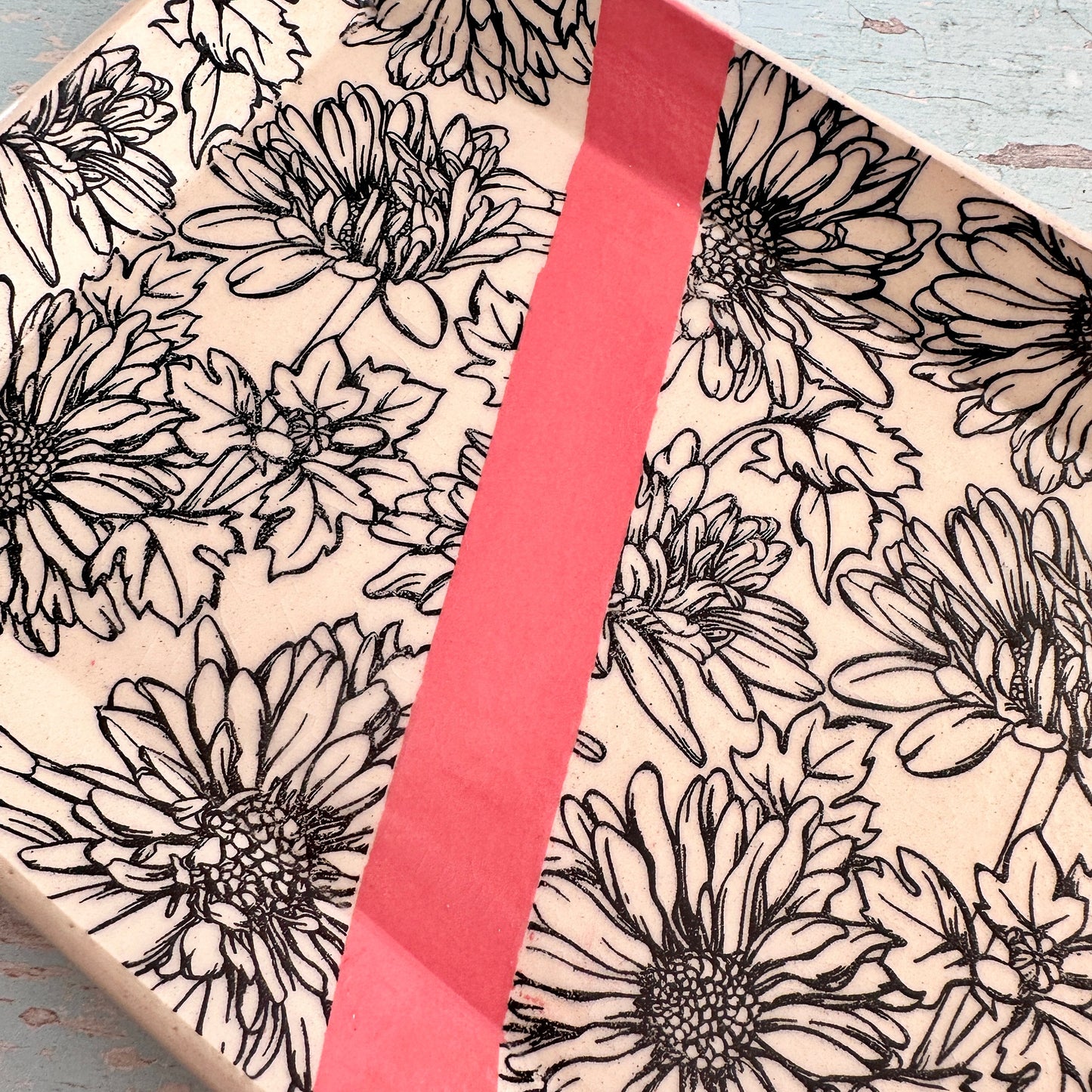 Pink Daisy Platter, Large Handmade Rectangle Ceramic Plate