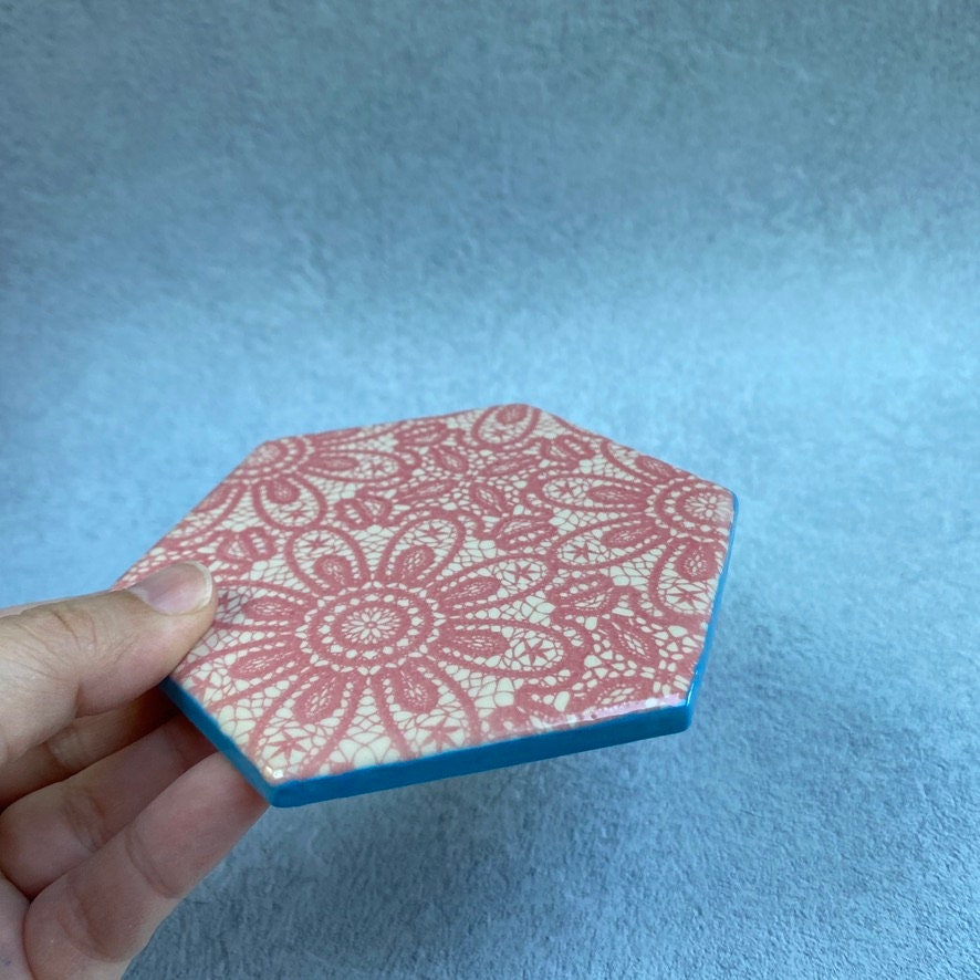 Handmade Ceramic Coaster, Pink Lace Turquoise