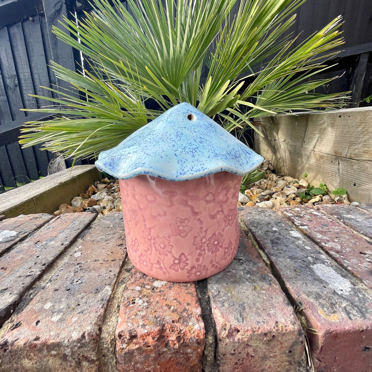 Pink and Blue Ceramic Bird feeder, Handmade Garden Decoration
