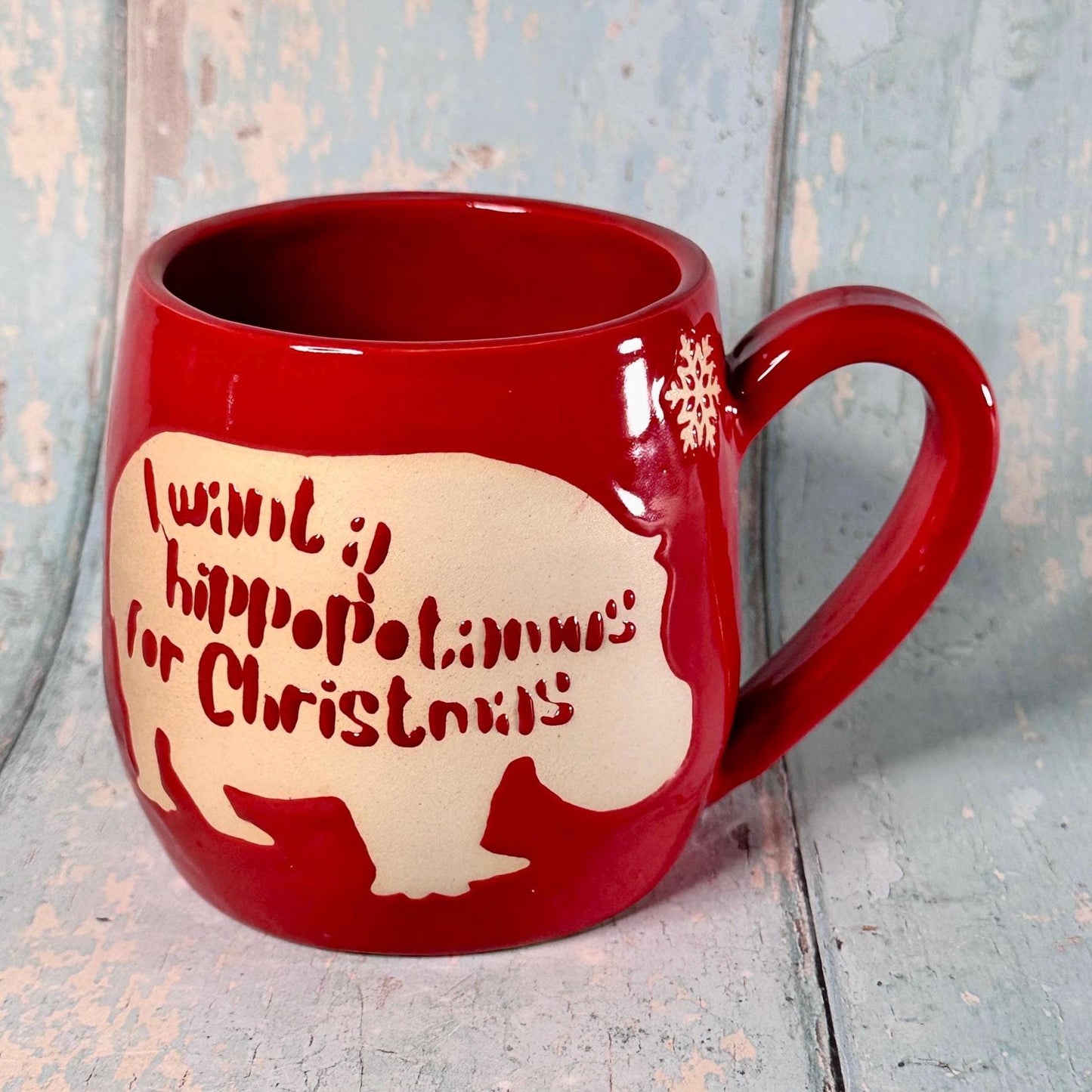 Red Christmas Hippo Mug, Handmade Ceramic Cup