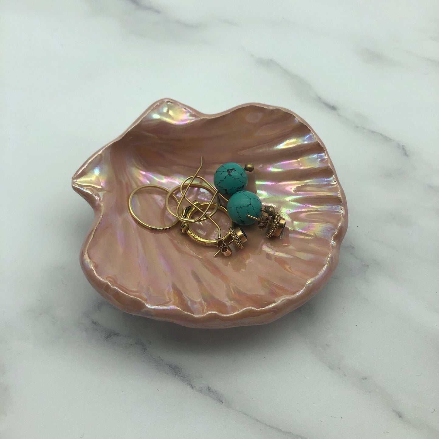 Pink Ceramic Sea Shell Jewelry Dish: Mother of Pearl Finish