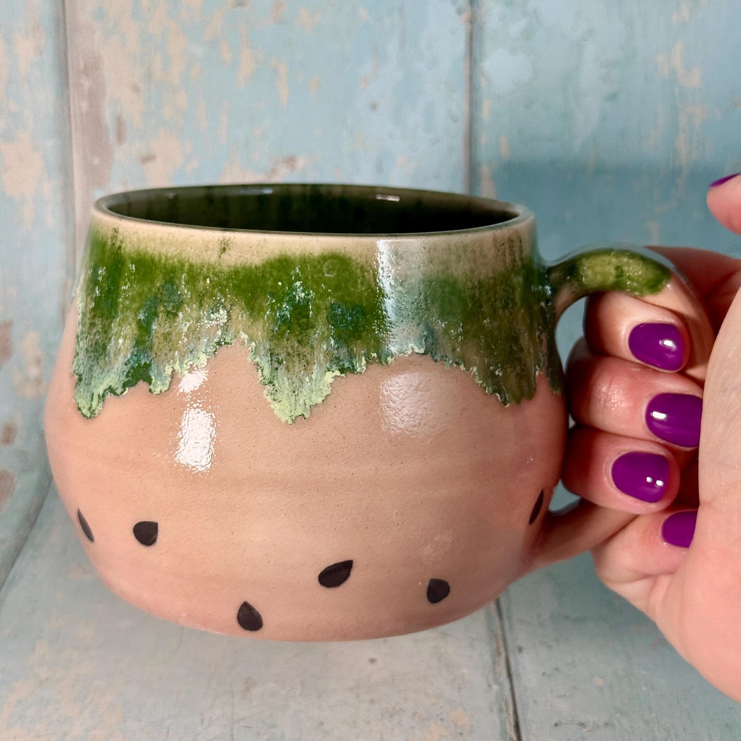 Ceramic Watermelon Mug, Large Pink and Green Cup - Second