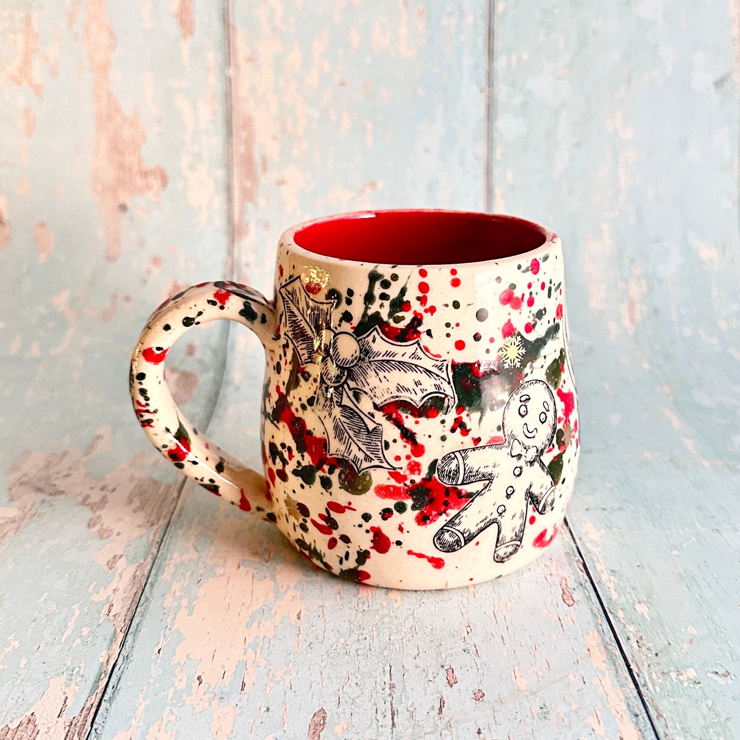 Large Christmas Mug, Handmade Ceramic Cup, Green Red Gold