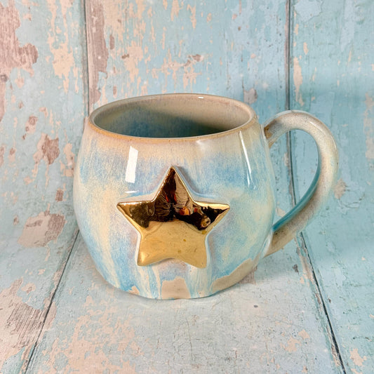 Blue Gold Star Mug, Handmade Ceramic Mug
