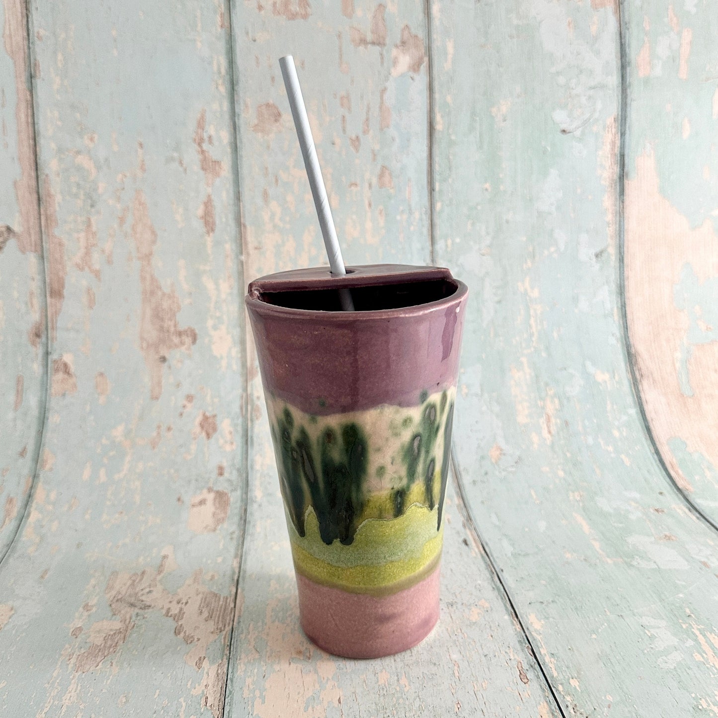 Purple and Green Straw-holder Tumbler, Large Ceramic Cup