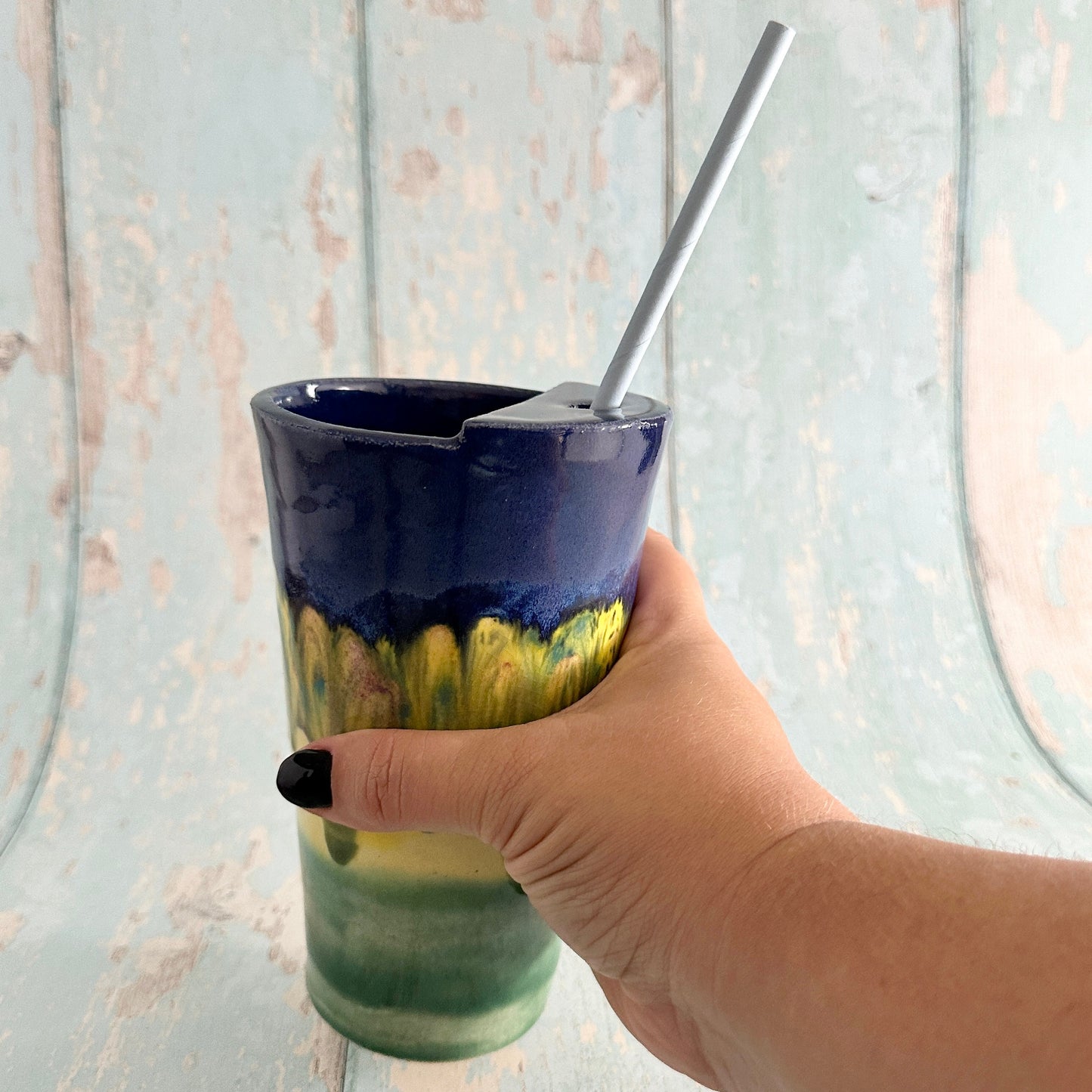 Blue, Yellow and Green Straw-holder Tumbler, Large Ceramic Cup