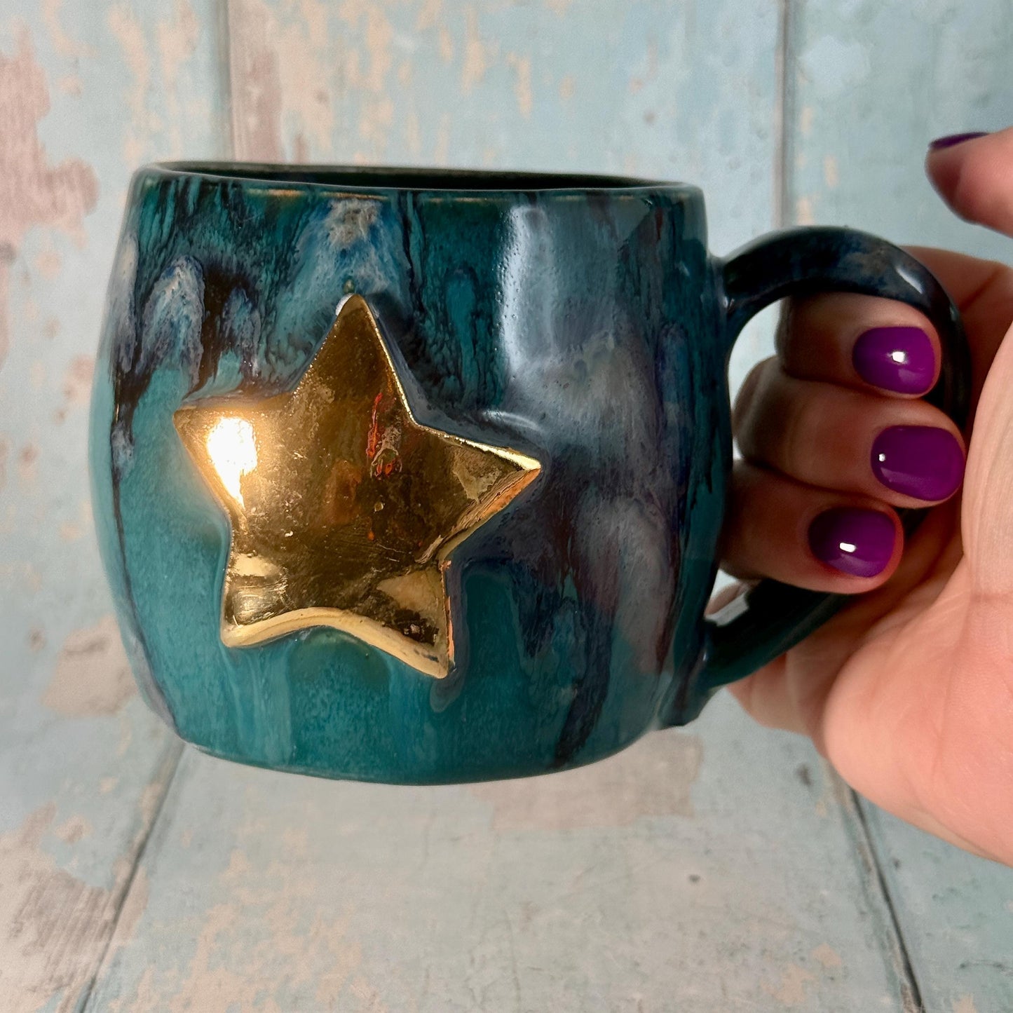 Turquoise and Black Gold Star Mug, Handmade Ceramic Mug