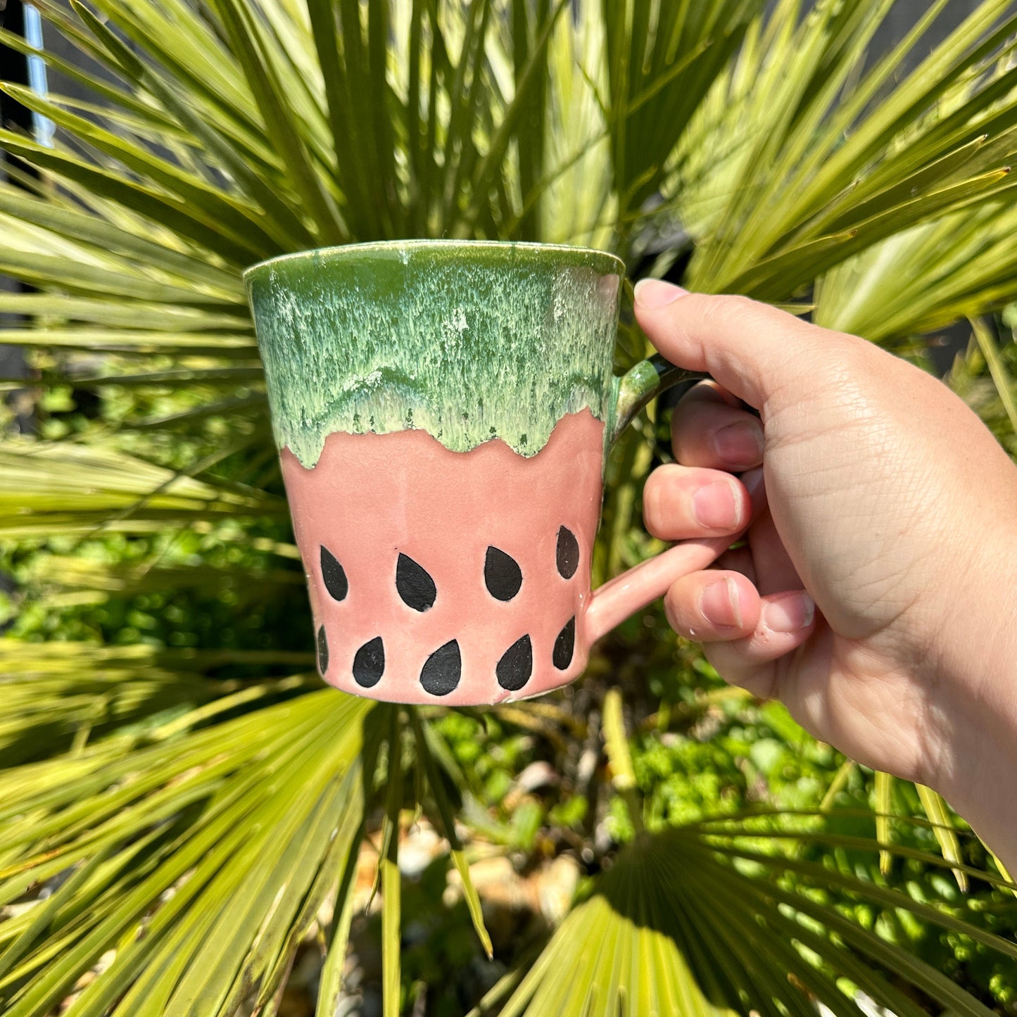 Ceramic Watermelon Mug, Large Pink and Green Cup