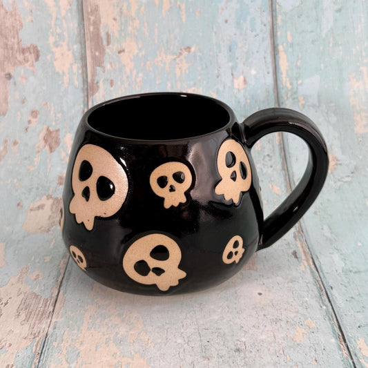Black Skull Mug, Handmade Ceramic Cup, Spooky Halloween Mug