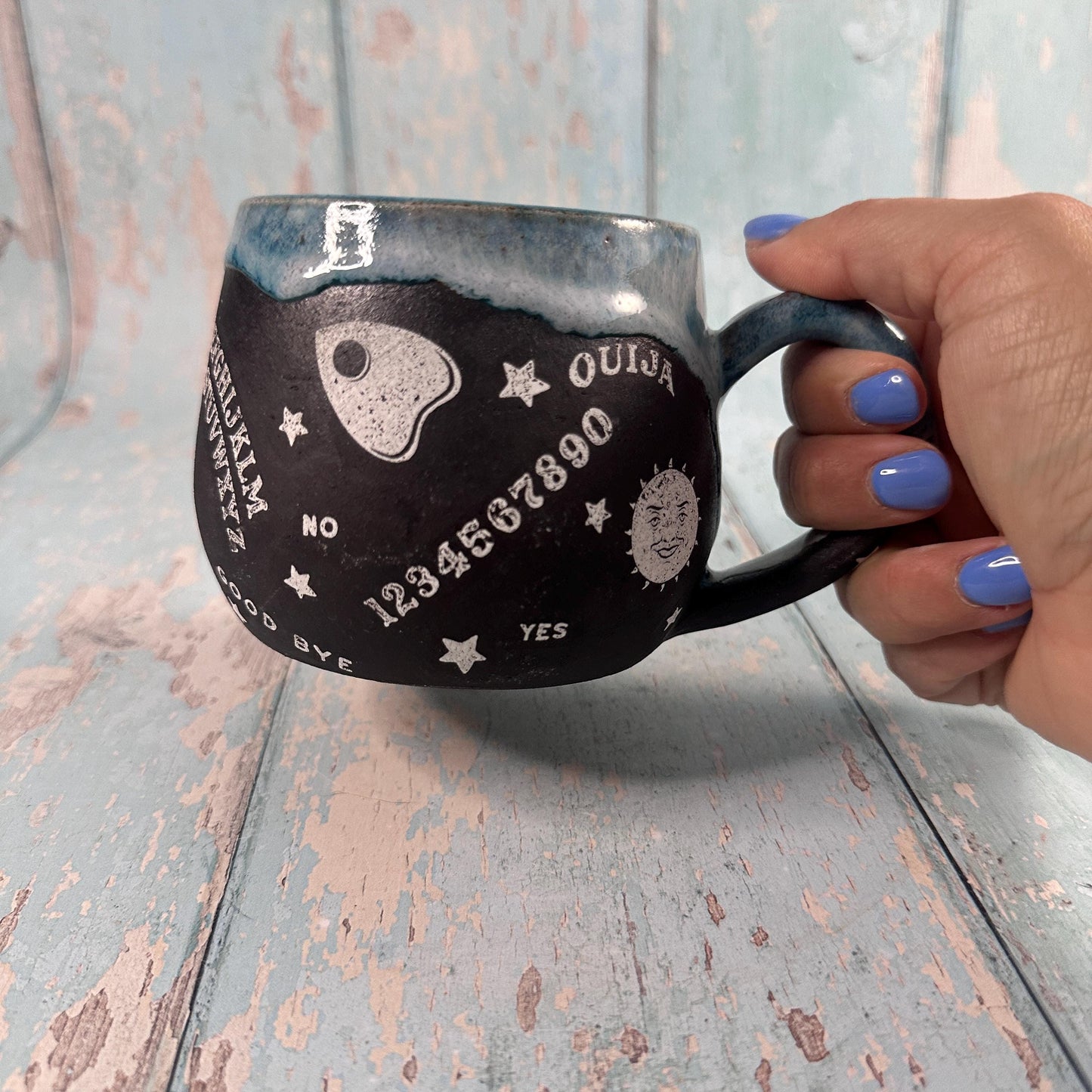 Black and Blue Ouija Mug, Handmade Ceramic Cup - Second