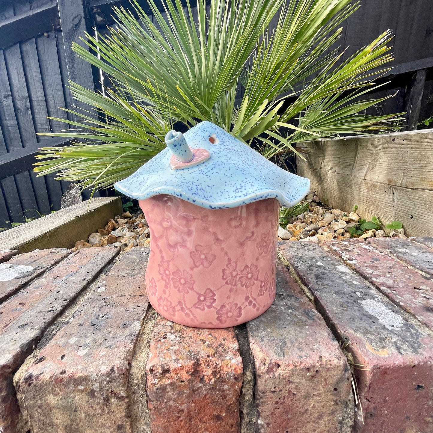 Pink and Blue Ceramic Bird feeder, Handmade Garden Decoration