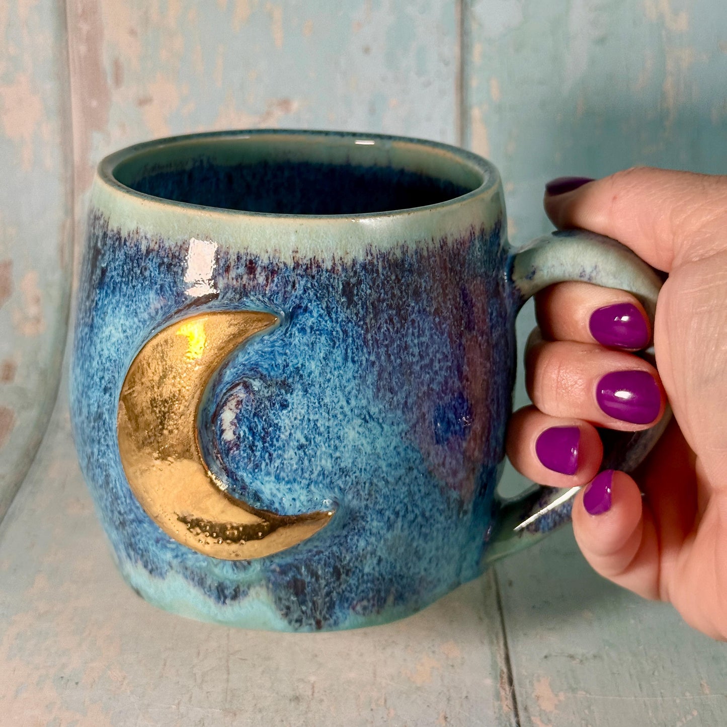 Purple and Turquoise Gold Moon Mug, Handmade Ceramic Mug