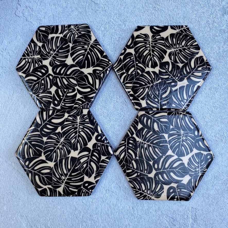 Handmade Ceramic Coaster, Black Monstera Leaf