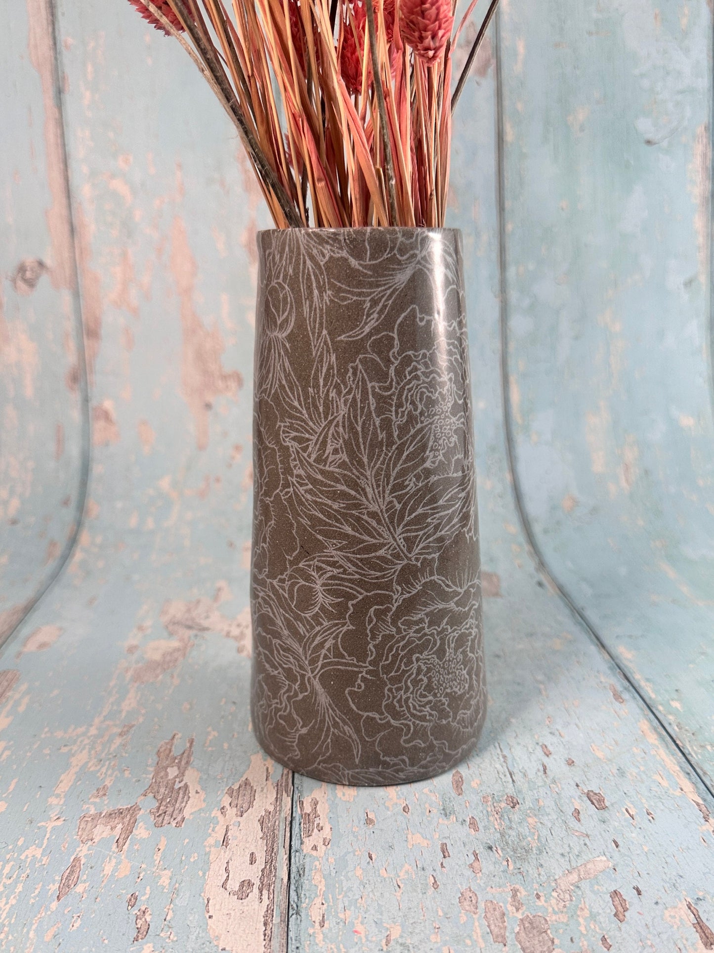 Grey Peony Ceramic Vase, Handmade Modern Pottery