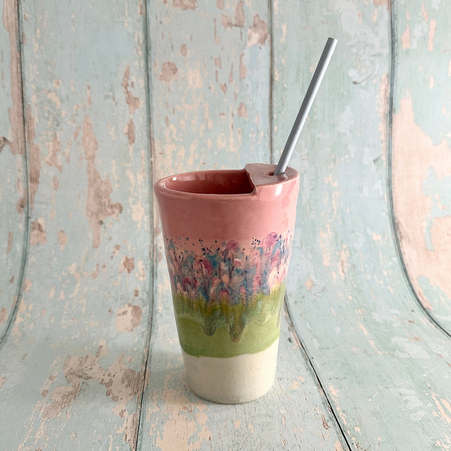 Pink and Green Straw Holder Tumbler, Large Ceramic Cup