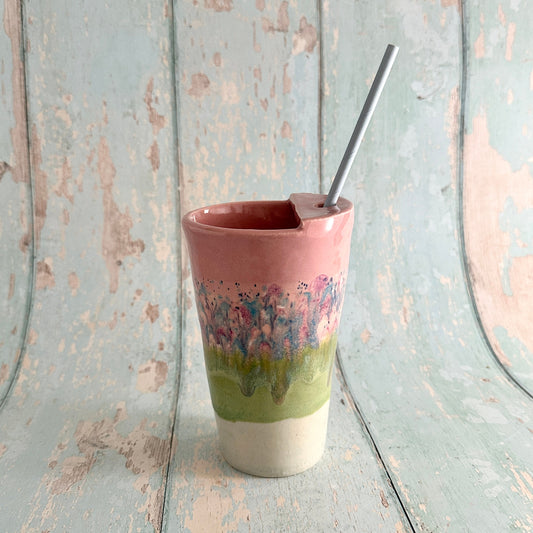 Pink and Green Straw Holder Tumbler, Large Ceramic Cup