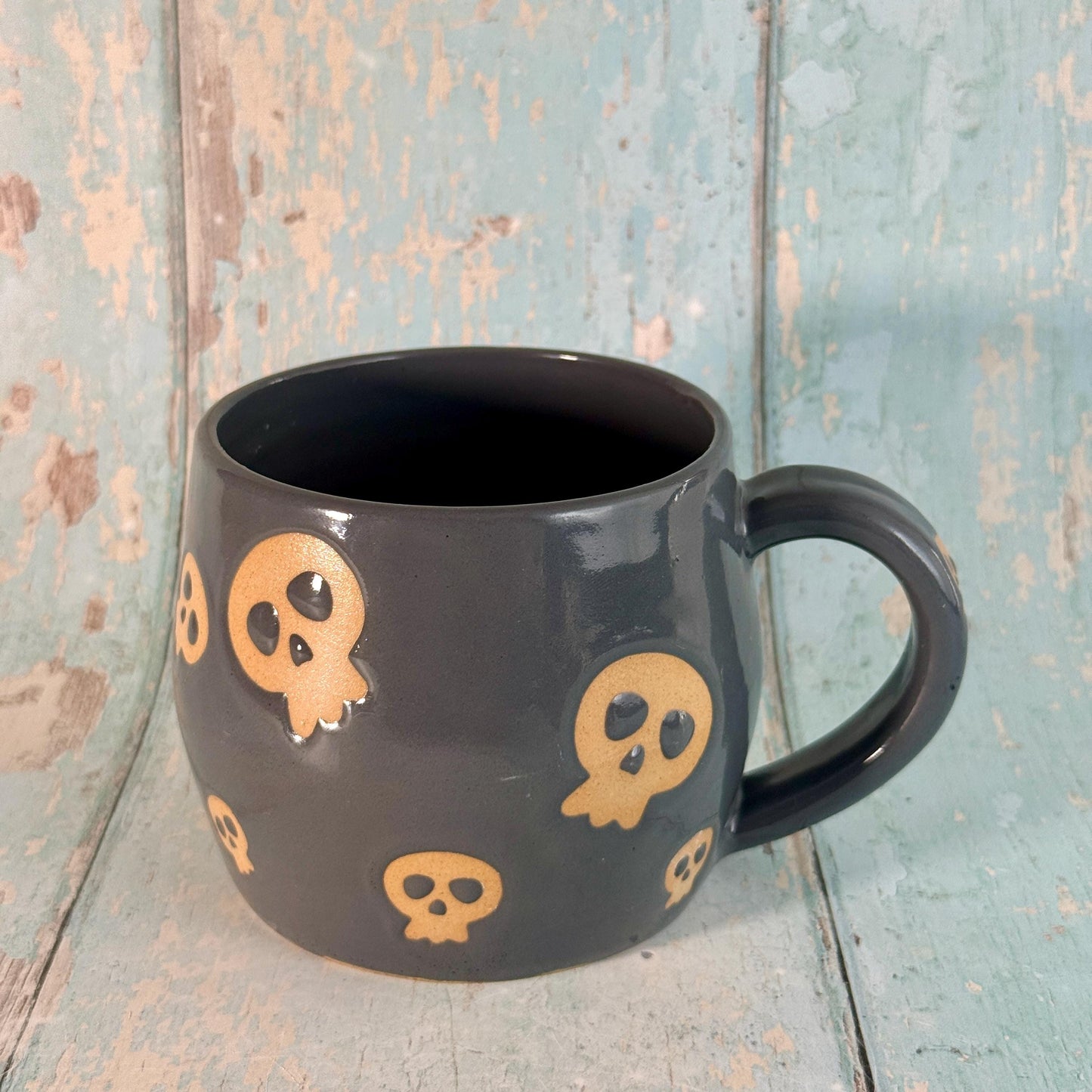 Grey Skull Mug, Handmade Ceramic Cup, Spooky Halloween Mug