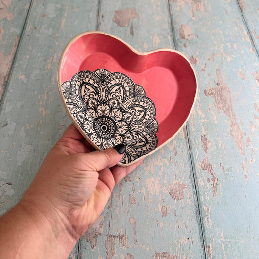 Pink Heart and Mandala Dish, Handmade Ceramic Plate