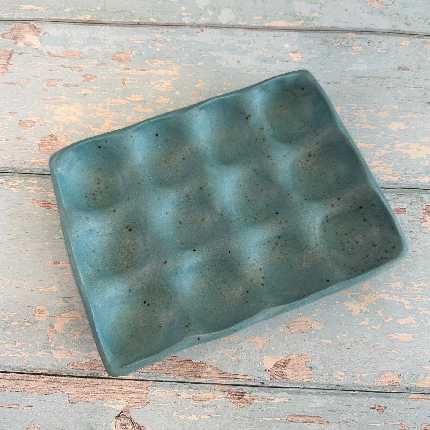 Blue Ceramic Egg Tray, Holds 6 or 12 Eggs