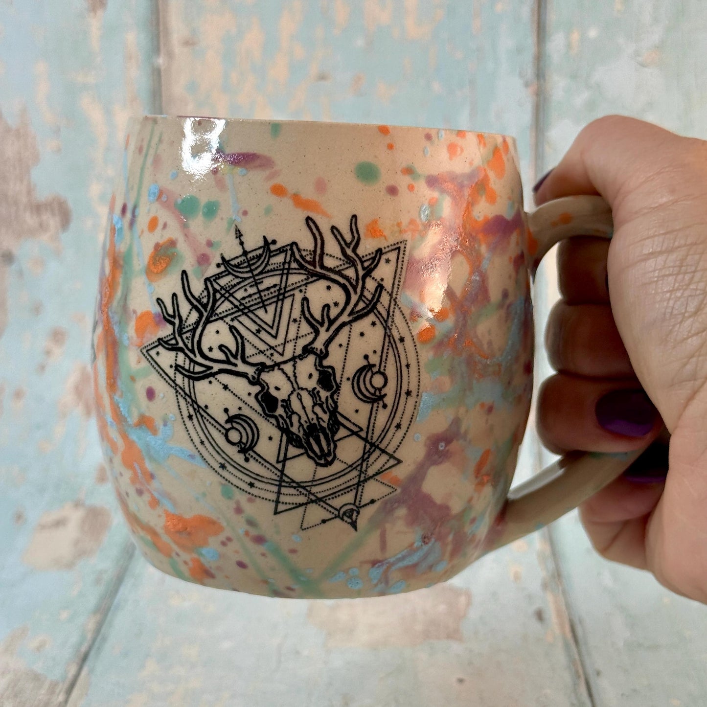 Pastel Boho Stag Skull Mug, Large Ceramic Cup